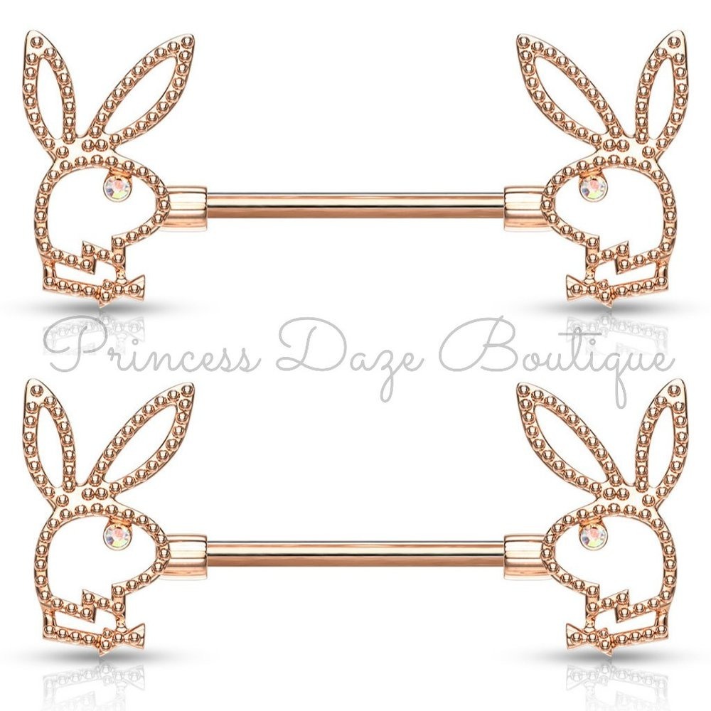 Playboy Bunny Rose Gold Barbell Nipple Rings